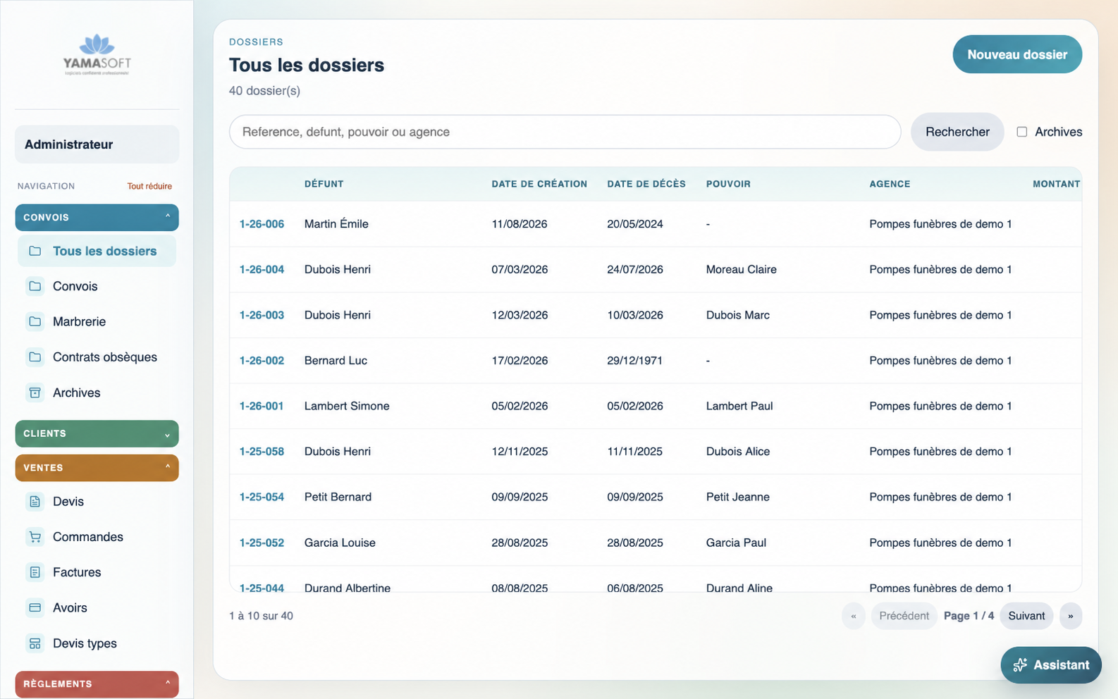 Nouvelle interface de gestion des dossiers funéraires dans Yama-Soft, avec des données de démonstration fictives